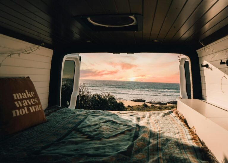 Van interior sunset view for best solar generator for van life 2026