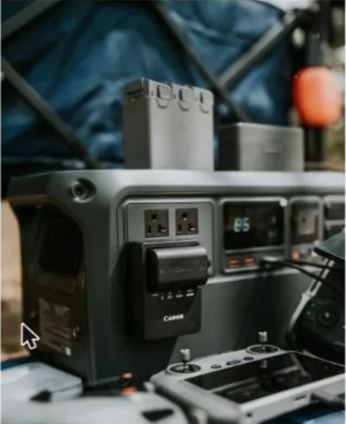 Close-up of a portable power station with drone charging accessories