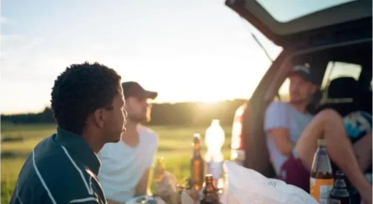 Friends tailgating with a car trunk picnic at sunset