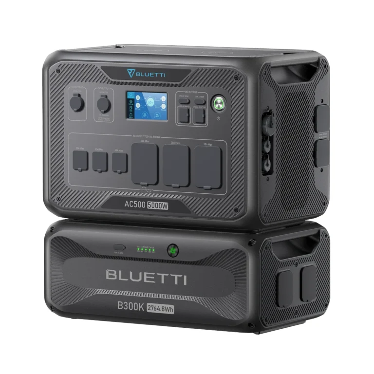 BLUETTI AC500 power station stacked with B300K expansion battery module, official product photo