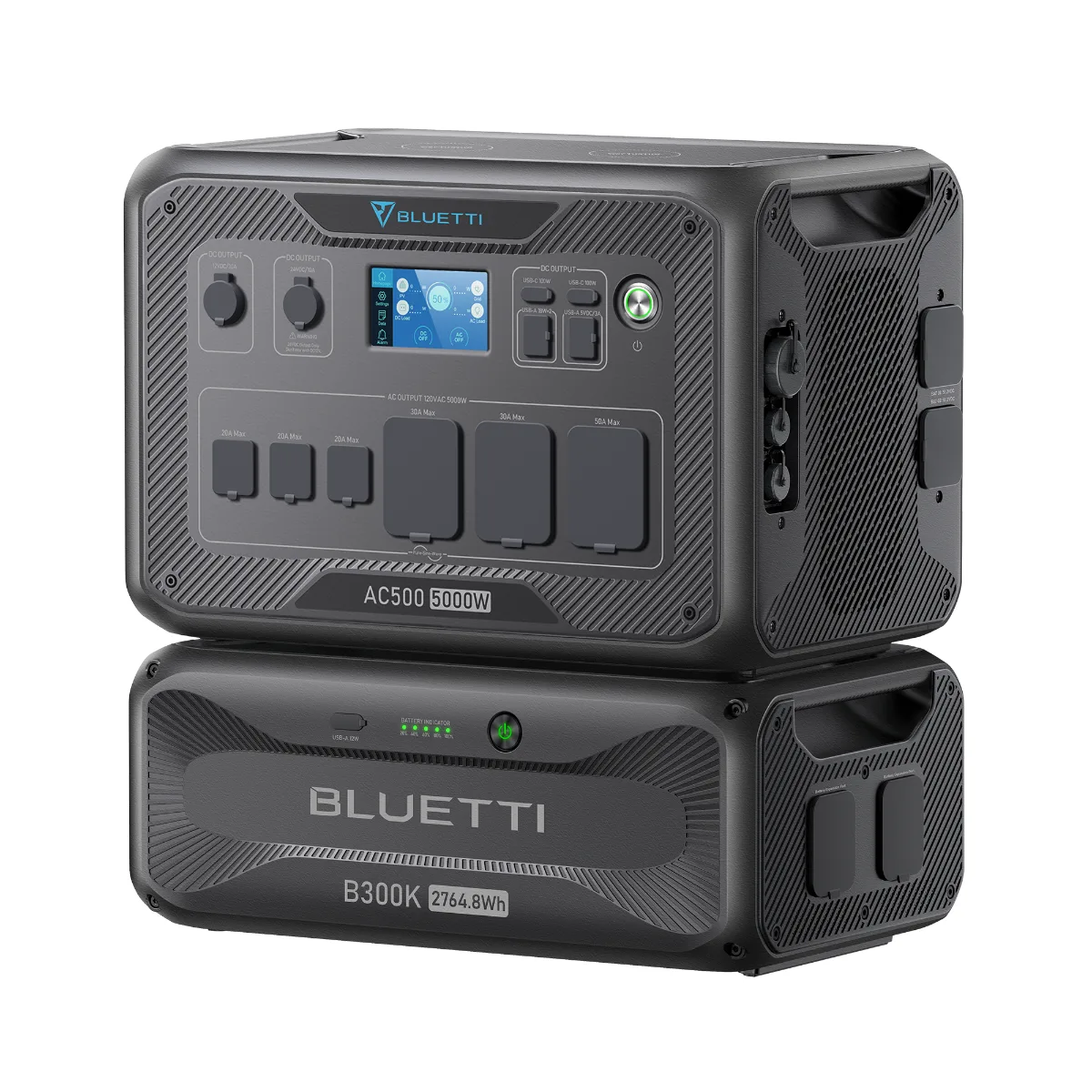BLUETTI AC500 power station stacked with B300K expansion battery module, official product photo