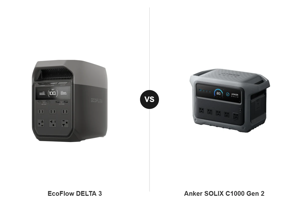 EcoFlow DELTA 3 and Anker SOLIX C1000 Gen 2 side by side, official product photos courtesy of EcoFlow and Anker