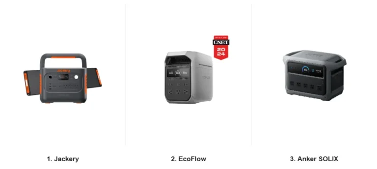 Jackery, EcoFlow, and Anker SOLIX solar generators side by side, official product photos courtesy of each manufacturer